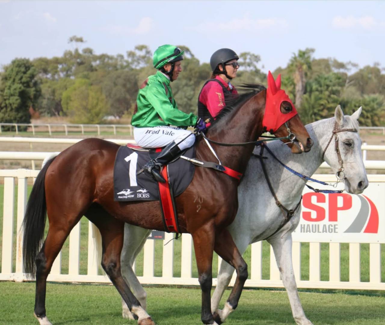 Two racehorses with jockeys at racetrack