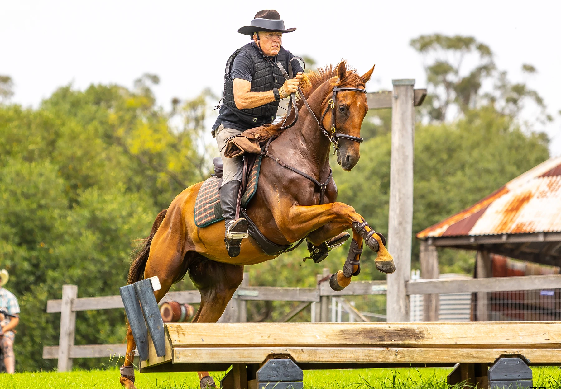 Man horseback riding over wooden obstacle.