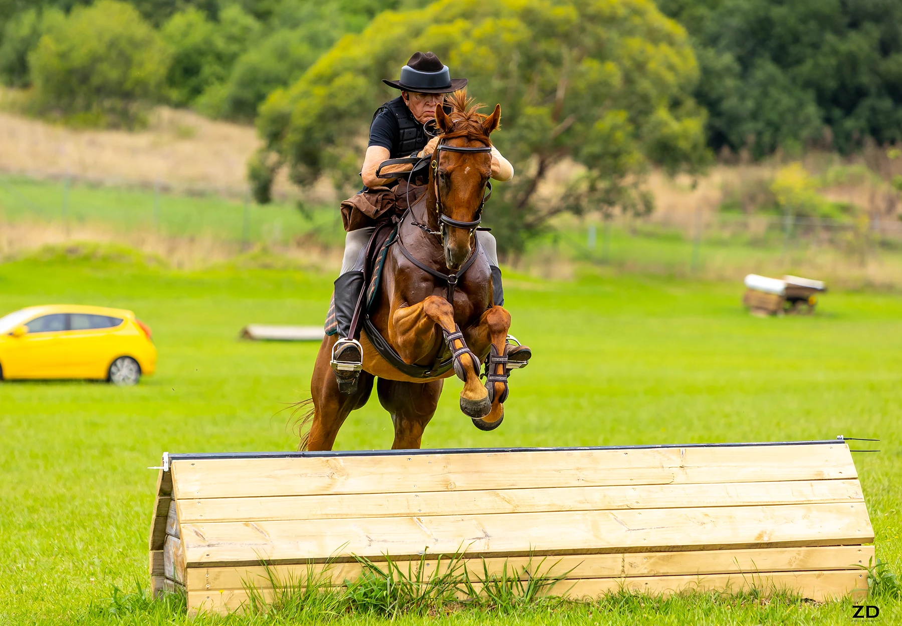 Horse jumping over wooden obstacle outdoors.