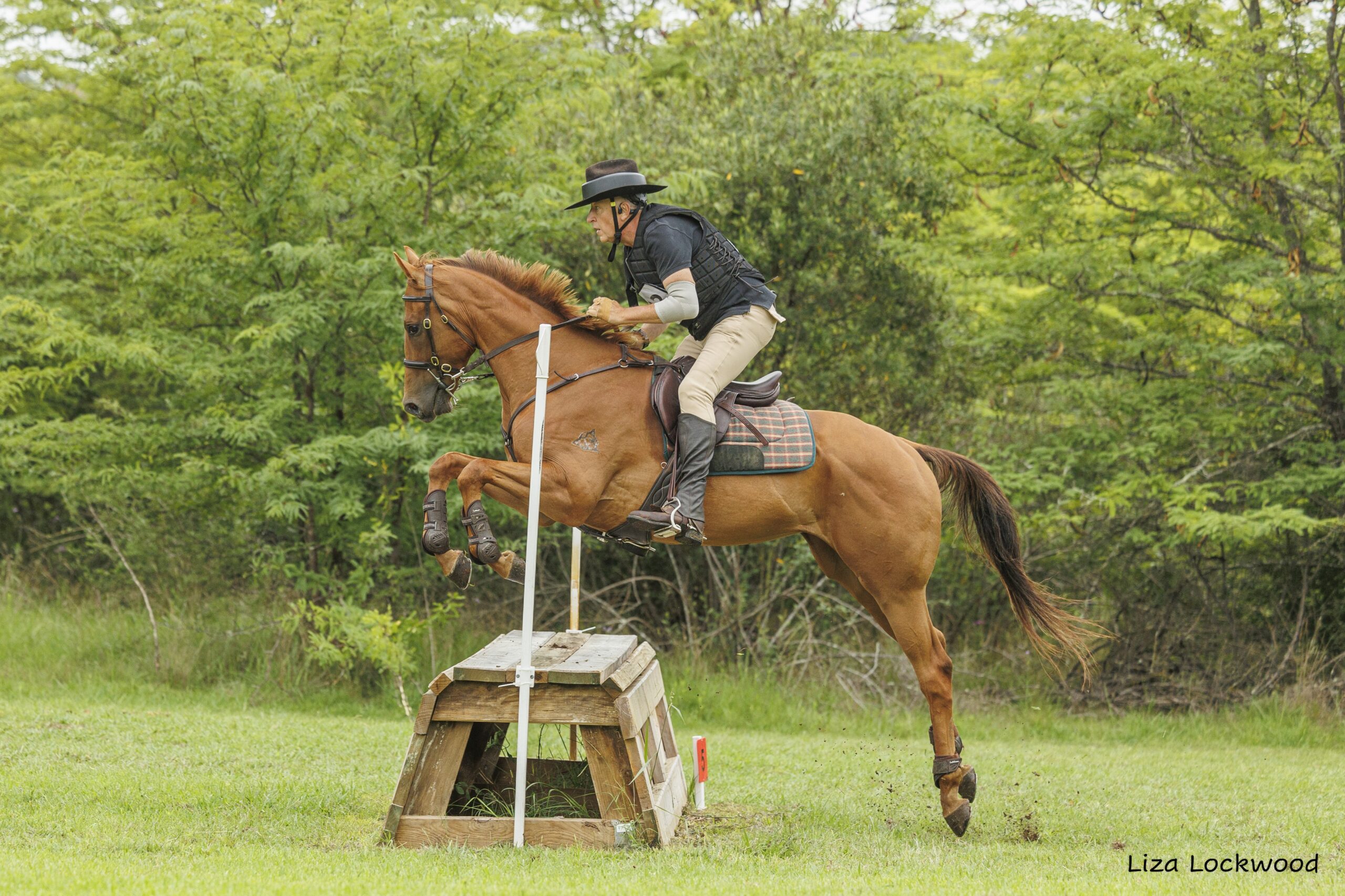Rider jumping chestnut horse over cross-country obstacle